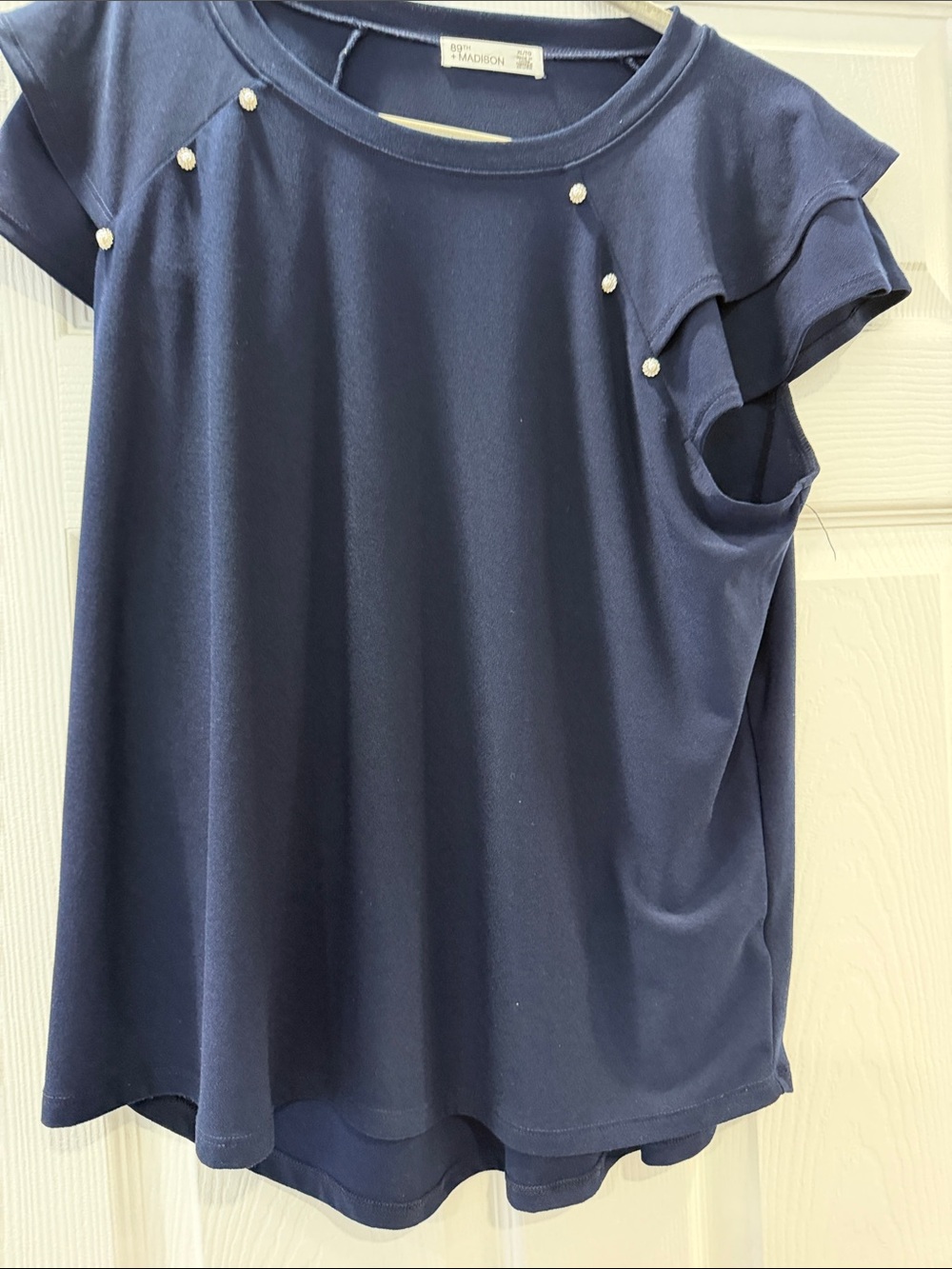 Madison Navy Pearl-Accent Flutter Sleeve Tee